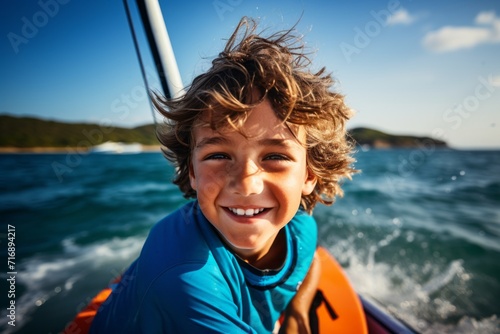 Portrait of an active kid male windsurfing in the sea. With generative AI technology © Markus Schröder