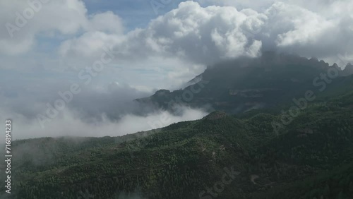 Aerial Majesty of Montserrat's Rugged Peaks, Cloud-kissed Summits, Spain
