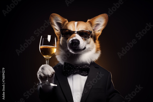 Foto Welsh Corgi Pembroke in a suit at a party with a glass of champagne