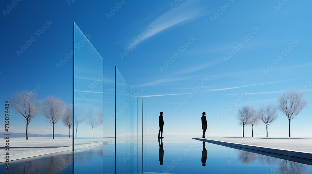 abstract photograph composed of standing crystals, a water channel and the reflection of the silhouette of men with trees around, minimalist and with a blue sky. Dreamy and surreal concept abstract photograph composed of standing crystals, a water channel and the reflection of the silhouette of men with trees around, minimalist and with a blue sky. Dreamy and surreal concept