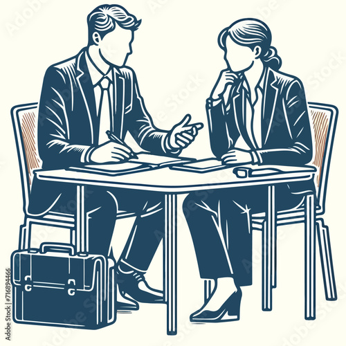 Explore the realm of business creativity with this captivating image. Professionals seated at a table  exchanging ideas through speech bubbles. An engaging business concept illustration