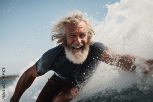 Portrait of an inspired mature man surfing in the sea. With generative AI technology © Markus Schröder