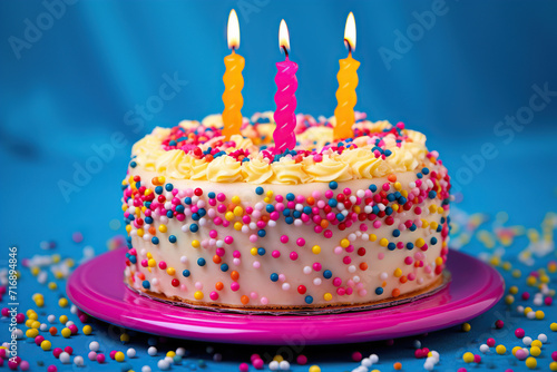 Vibrant birthday cake with bright candles and festive decorations against a blue background