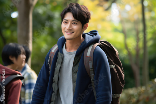 Smiling young man with backpack walking on a sunny university campus, exuding confidence