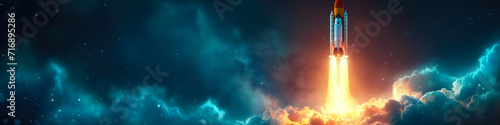 Rocket flies on the background of the starry sky in universe. Cosmonautics day concept. Space technology and astronomy. Free space for text, copy space. Banner. photo