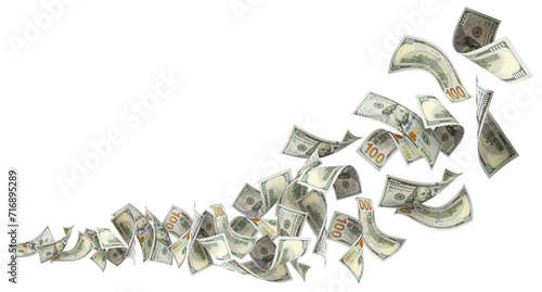 Flying 100 American dollars banknotes, cut out