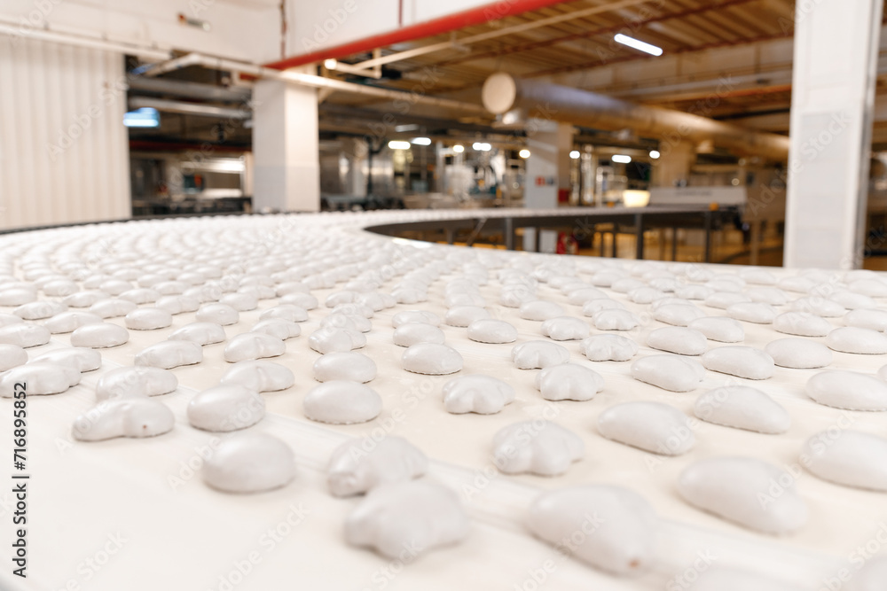 Conveyor line for production gingerbread cookies with white glaze at sweet factory. Modern plant for biscuit sugar cake.