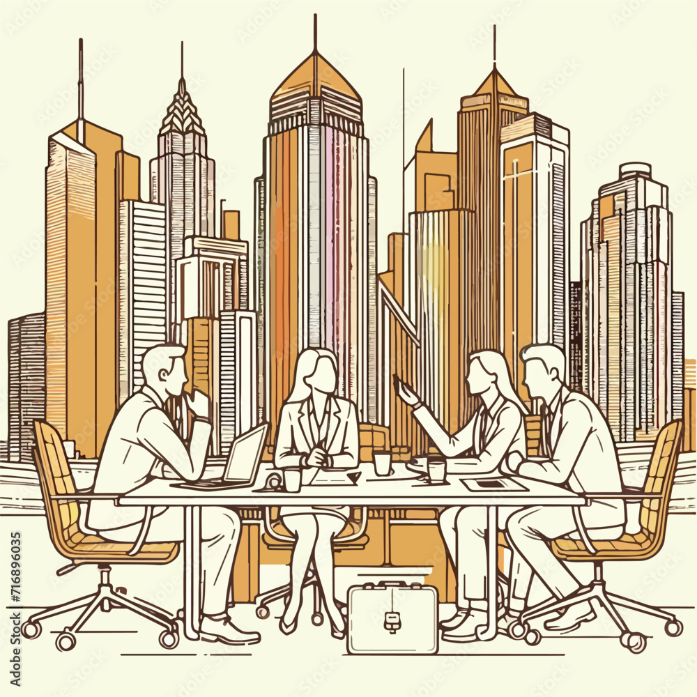 A dynamic cityscape backdrop sets the stage for a meeting of brilliant minds, discussing the latest business concepts.