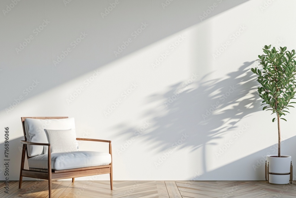 Fototapeta premium Mock-up of an interior poster in a living room featuring an armchair against an empty white wall background, rendered in 3D