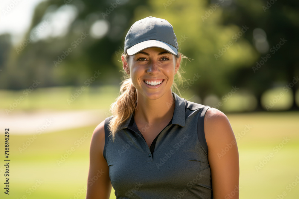 Portrait of a satisfied girl in her 30s playing golf on a course. With generative AI technology Portrait of a satisfied girl in her 30s playing golf on a course. With generative AI technology