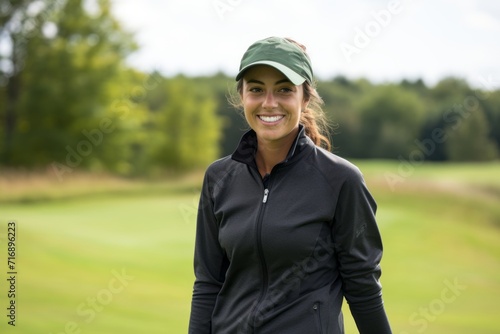 Portrait of a satisfied girl in her 30s playing golf on a course. With generative AI technology