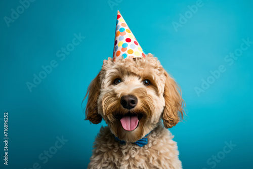 Close up happy dog with a festive cap on his head celebrates his birthday
