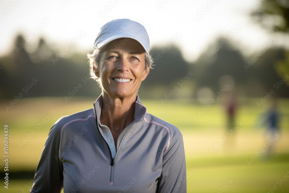 Portrait of an exhausted mature woman playing golf on a course. With generative AI technology Portrait of an exhausted mature woman playing golf on a course. With generative AI technology