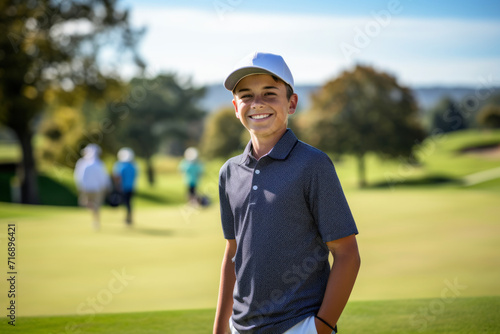 Portrait of a handsome boy in his 30s playing golf on a course. With generative AI technology