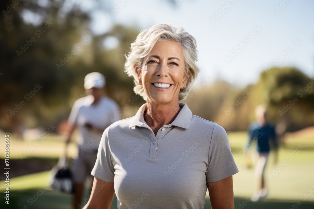 Portrait of a handsome mature woman playing golf on a course. With generative AI technology Portrait of a handsome mature woman playing golf on a course. With generative AI technology