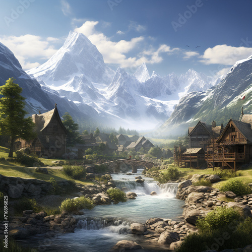 A tranquil village nestled at the foot of a majestic mountain range created with Generative Ai © Maria