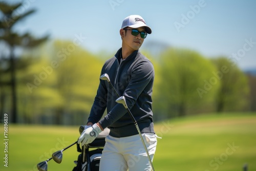 Portrait of an inspired boy in his 20s playing golf on a course. With generative AI technology