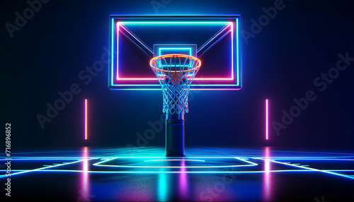 Neon basketball hoop with a futuristic design, with glowing lines on the court against a dark background. Futuristic sports concept. AI generated. photo
