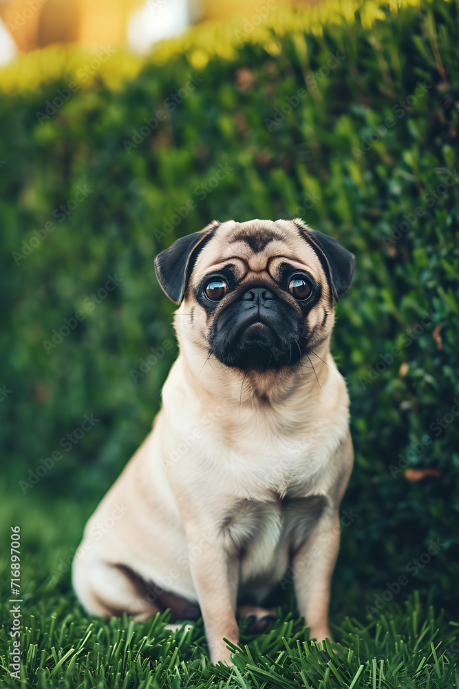 pug dog is sitting on a lawn with a hedge