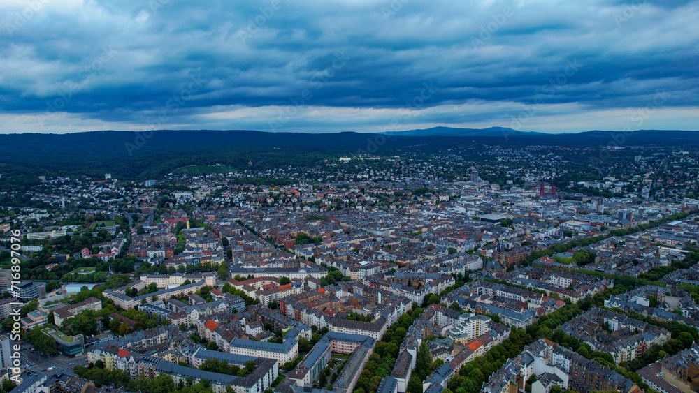 Aerial view of the city Wiesbaden in Germany on a cloudy day in late Spring