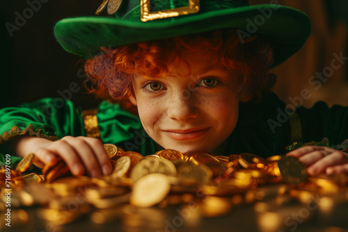 Child in leprechaun costume with gold coins for St. Patrick's Day. Generative AI image photo