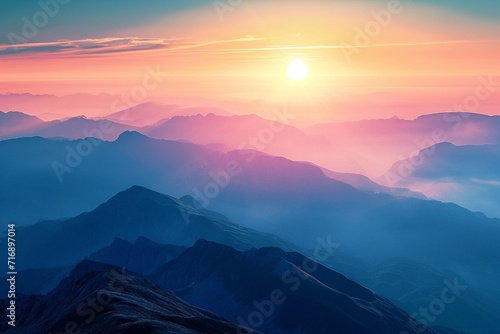 Spectacular view of a mountainous horizon at sunset, with the sun dipping behind towering peaks and casting long shadows.