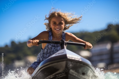 Portrait of an inspired kid female doing water skiing in the sea. With generative AI technology © Markus Schröder