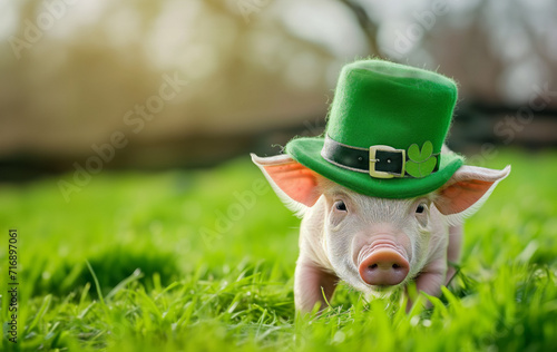 Adorable Piglet in Green Hat Celebrating St. Patrick's Day. Generative AI image photo