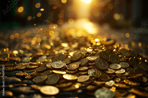 Golden coins scattered with a warm backlight. Generative AI image photo