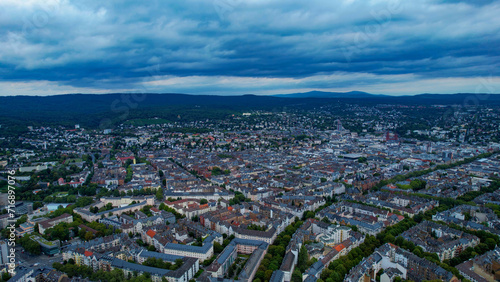 Aerial view of the city Wiesbaden in Germany on a cloudy day in late Spring