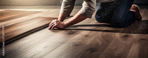 Worker installing laminate floor detail. House renovation with wooden designs