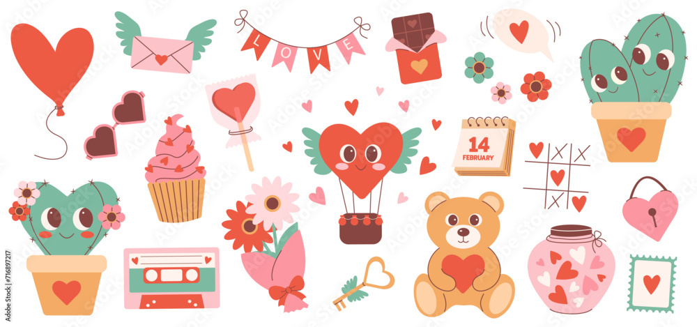 Set of cute valentines day stickers. Hearts, cupcake, flowers, cactus, bear, sweets and other romantic elements. Vector illustrations for greeting cards, banners, posters, planners