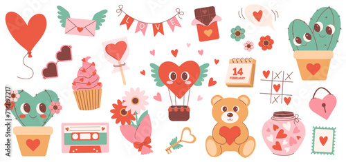 Set of cute valentines day stickers. Hearts, cupcake, flowers, cactus, bear, sweets and other romantic elements. Vector illustrations for greeting cards, banners, posters, planners