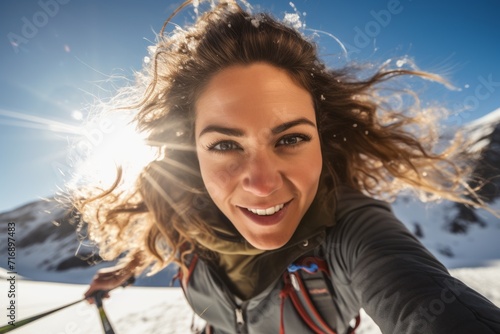 Portrait of a fitness girl in her 30s doing water skiing in the sea. With generative AI technology