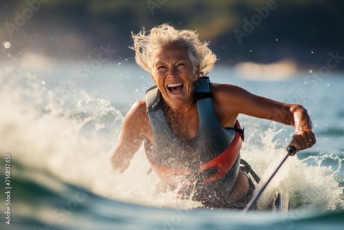 Portrait of an energetic mature woman doing water skiing in the sea. With generative AI technology