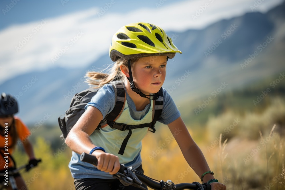 Portrait of a determined kid female practicing mountain biking. With generative AI technology Portrait of a determined kid female practicing mountain biking. With generative AI technology