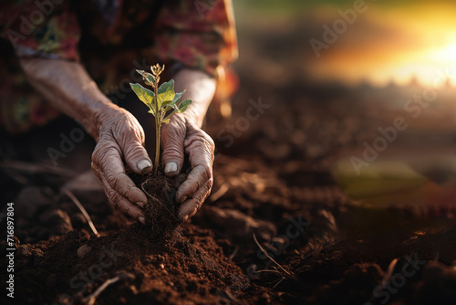 Planting a sapling at sunset in fertile soil. Generative AI image photo