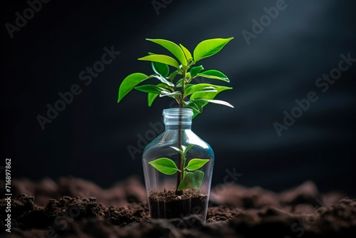 Green plant growing in an upcycled bottle concept. Generative AI image photo