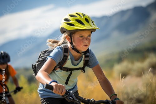 Portrait of a determined kid female practicing mountain biking. With generative AI technology