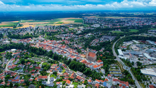Aerial view of the city Neuoetting in Germany on a cloudy day in late Spring