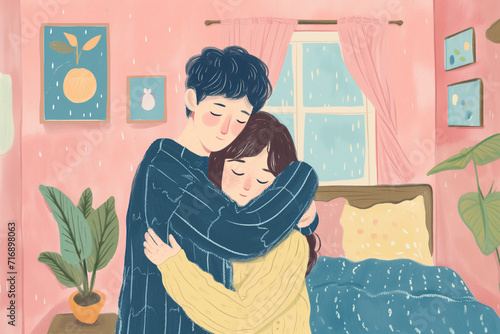 Tender embrace in a cozy pink bedroom. Generative AI image