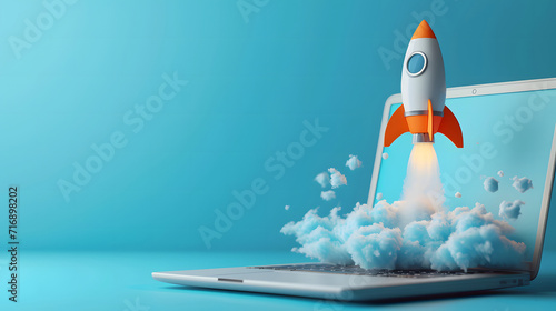 Rocket launches from a laptop screen, indicating business growth and high-speed Internet.