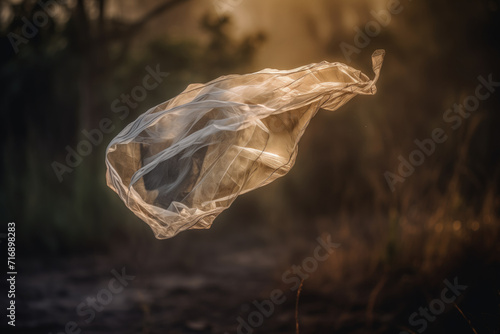 Generative AI illustration of delicate plastic bag floats gracefully amidst the hazy light of a forest at dusk