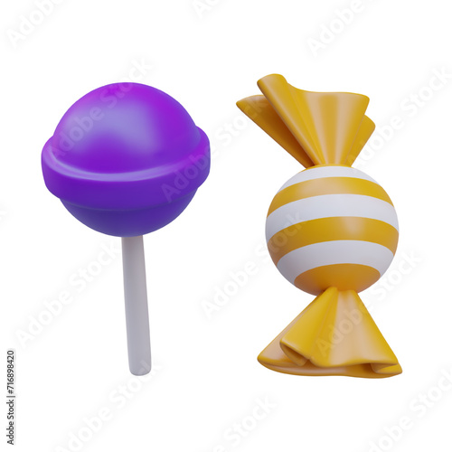 Realistic tasty caramel composition. Concept of trick or treat. Matte purple round candy on stick. Trick or treat concept. Vector illustration in 3d style with white background
