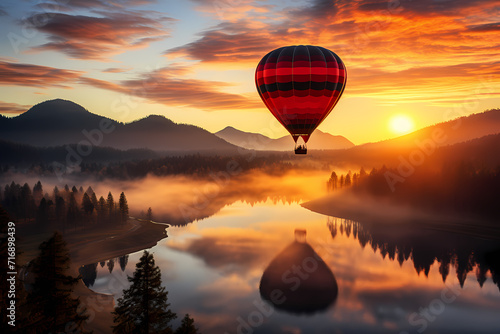 Hot Air Balloon Soaring Over Misty Lake at Sunrise
