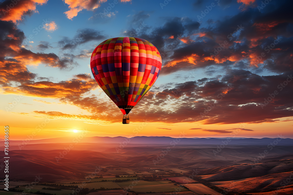 Obraz premium Colorful Hot Air Balloon Gliding at Sunset Over Rolling Hills