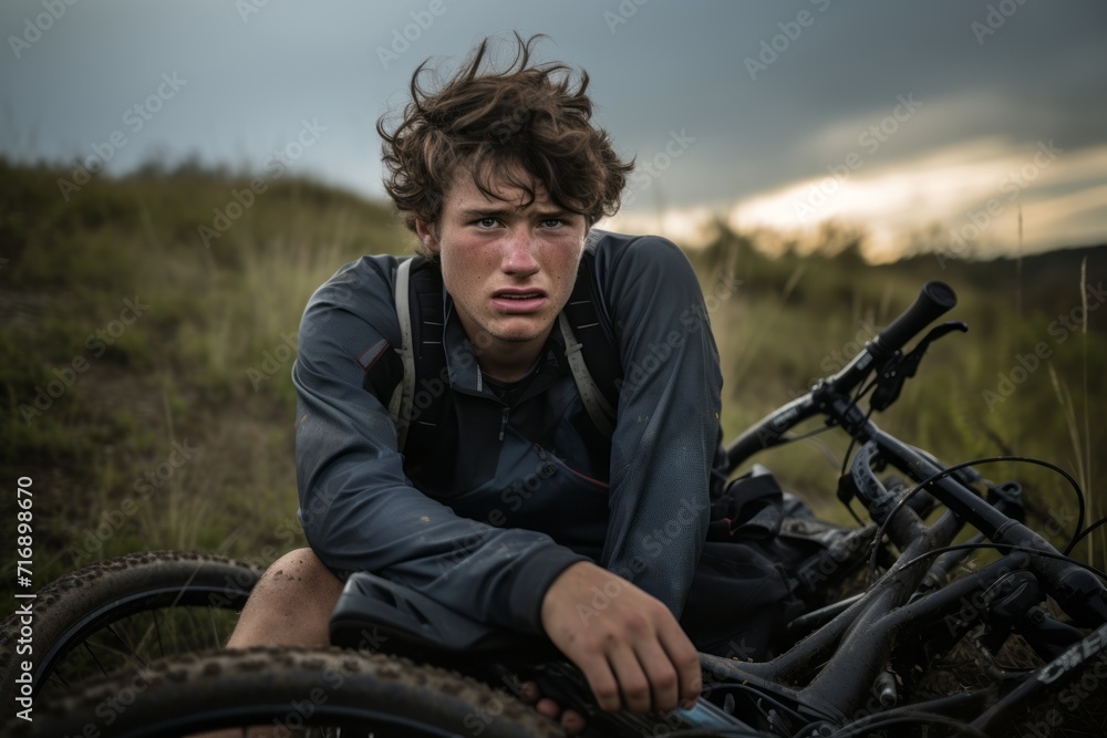 Portrait of an exhausted boy in his 20s practicing mountain biking. With generative AI technology