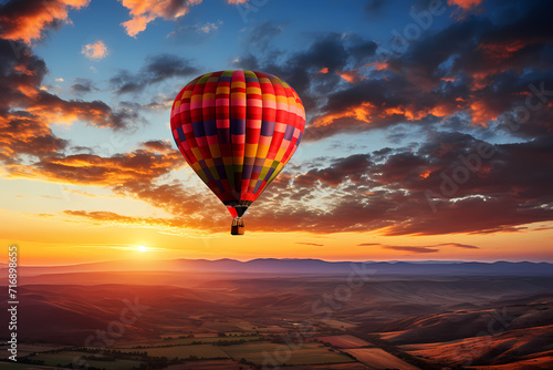 Colorful Hot Air Balloon Gliding at Sunset Over Rolling Hills