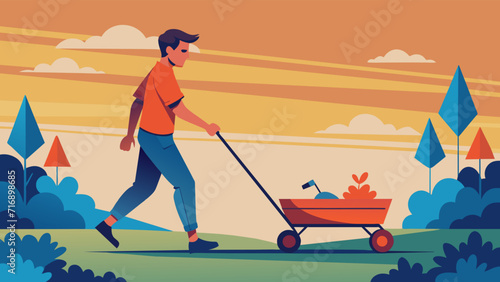 Man walking with wheelbarrow in evening landscape vector illustration