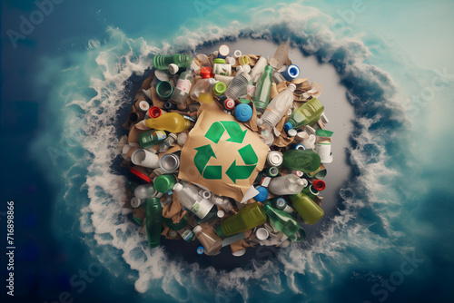 Recycling symbol amidst ocean plastic waste. Generative AI image photo